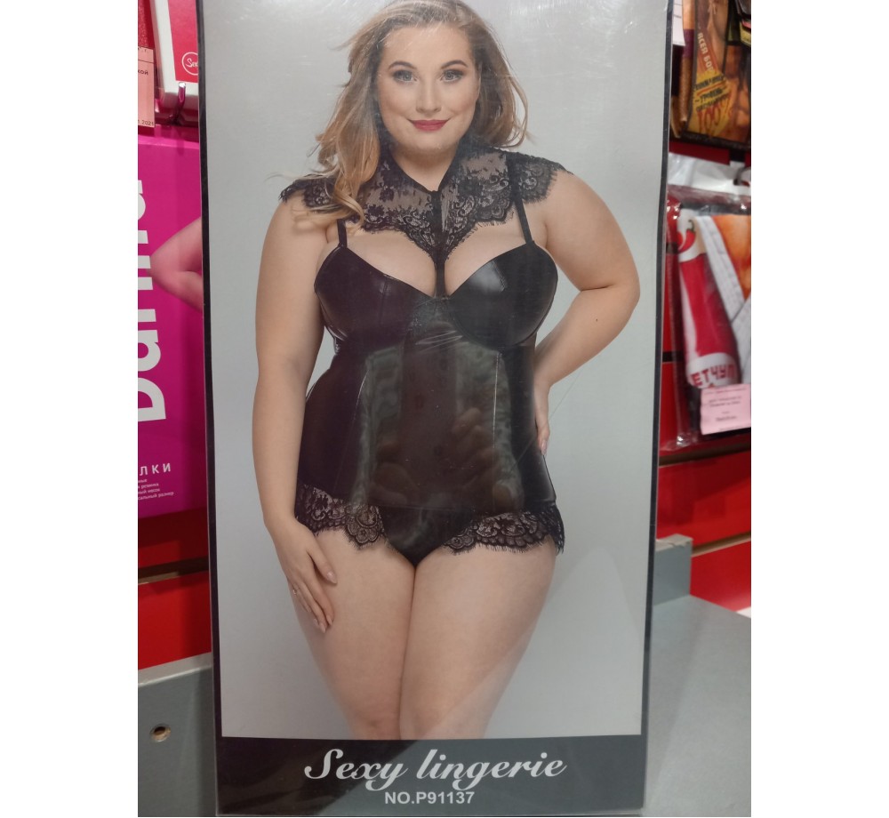 Боди из эластичного материала wetlook,цвет черный,размер (50-54).