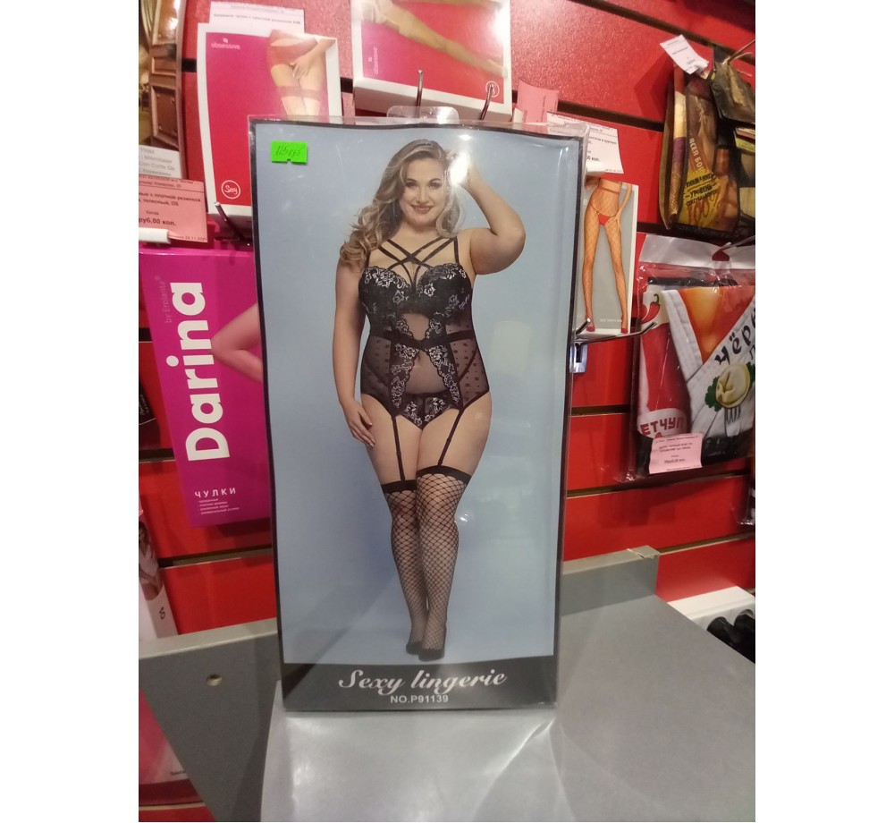 Комплект из боди,трусиков-стринг и чулок,размер OS