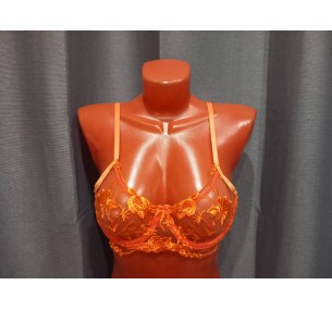 Комплект бюстгальтер с косточкам ,трусики стринг и пояс для чулок,цвет оранжевый,размер S,M.	 