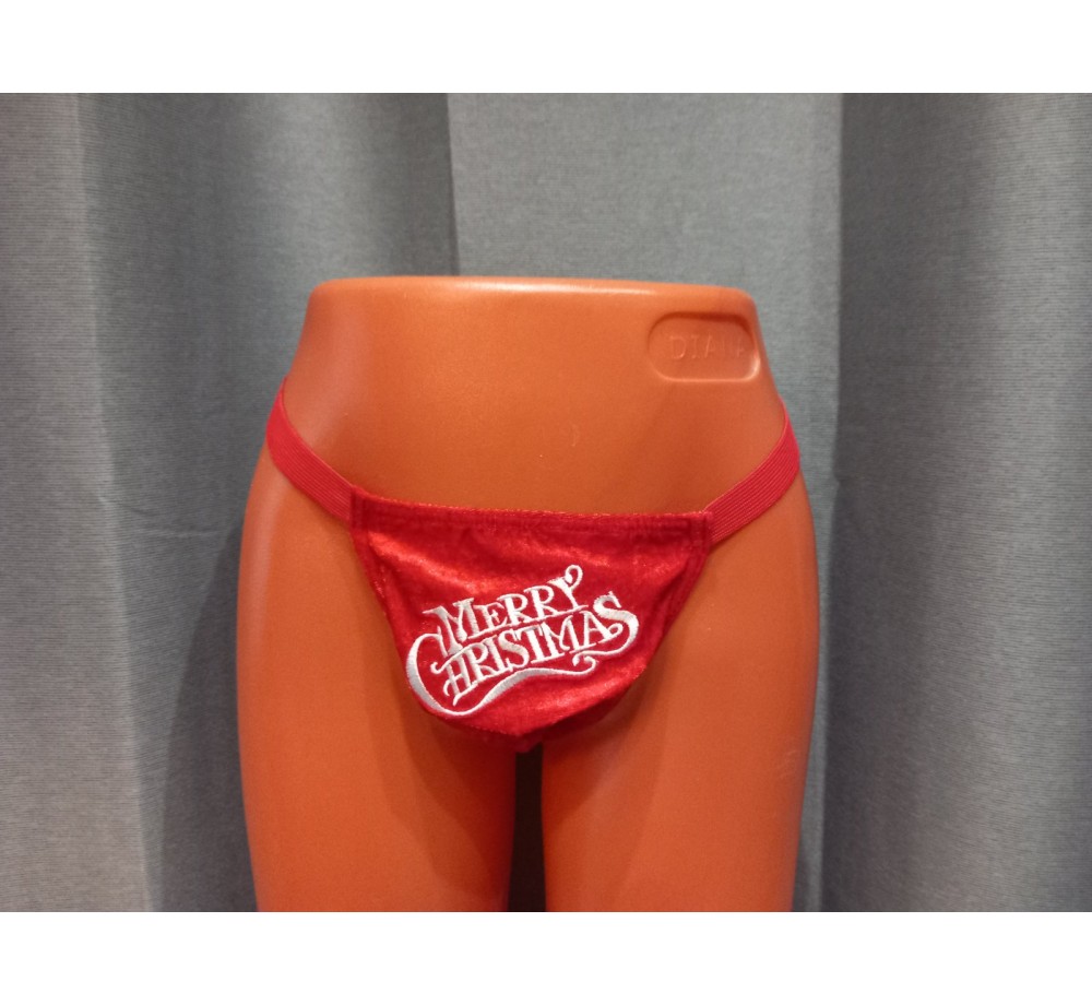 Стринги мужские "Merry Christmas",цвет красный с белой вышивкой,размер S-L.