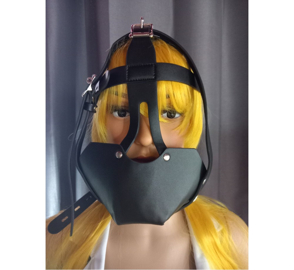 Маска на голову с кляпом-шаром и ошейником,искусственная кожа,цвет черный