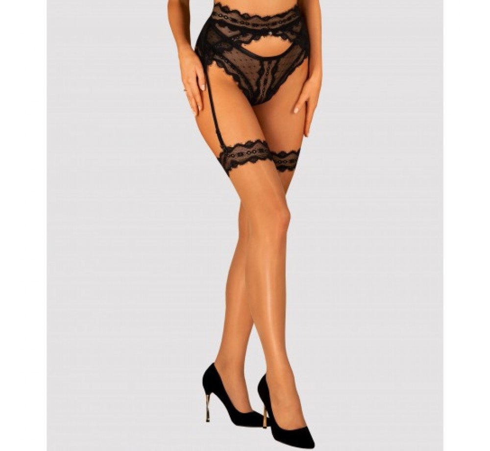 Чулки нюдовые с черной кружевной отделкой в виде подвязки Marrbel,размер  S/M