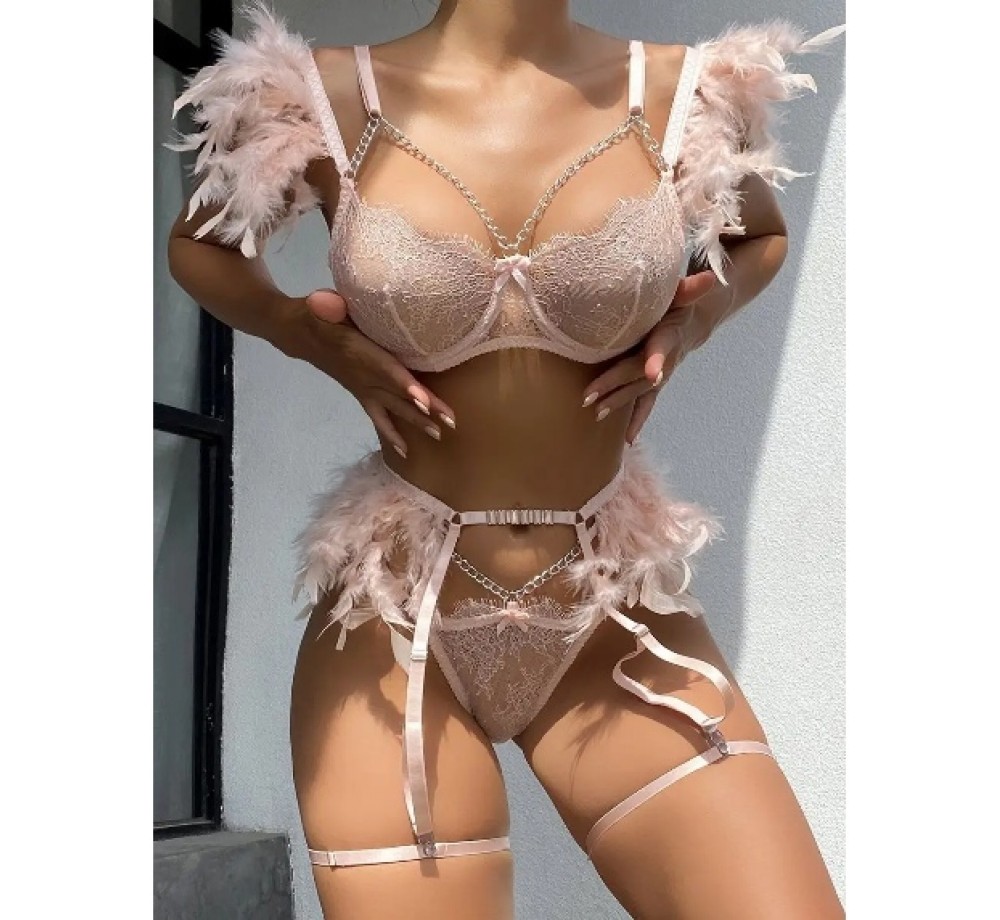 Комплект эротического нижнего белья с перьями, размер М