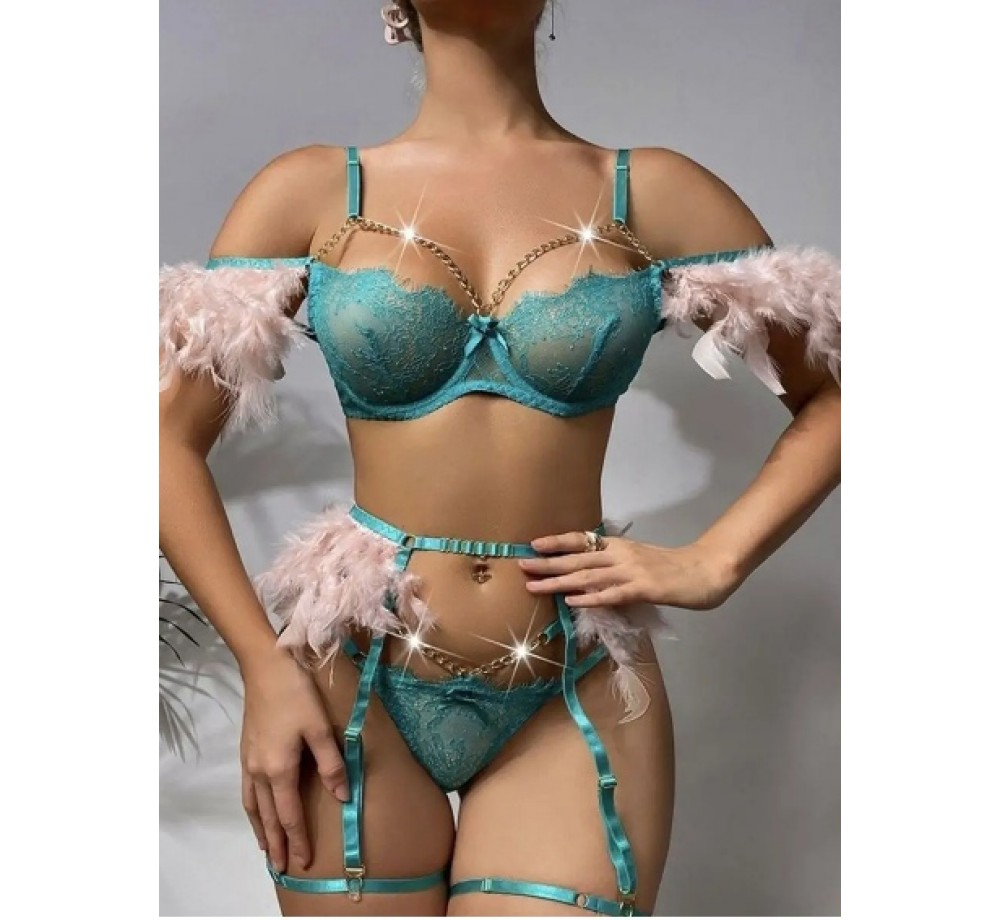Комплект эротического нижнего белья с перьями, изумруд, р.М