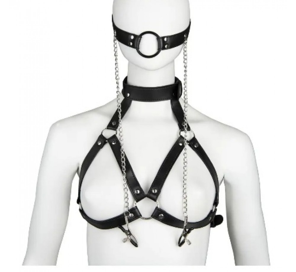 Портупея женская с кляпом и зажимами для сосков,искусственная кожа,металл Портупея женская с кляпом и зажимами для сосков,искусственная кожа,металл