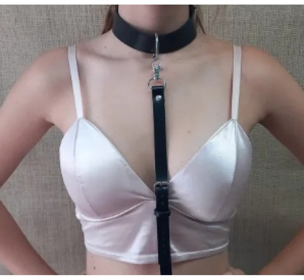 Ошейник с поводком из натуральной кожи,цвет черный