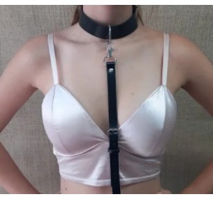 Ошейник с поводком из натуральной кожи,цвет черный 